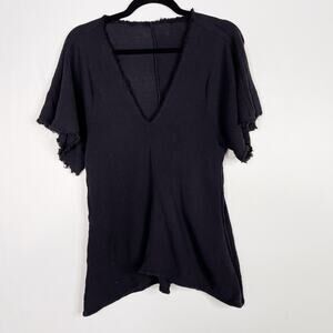 Sam Cho RCH Frayed Hem Vneck Short Sleeve Tee Black Small S Asymmetrical Hem